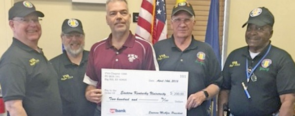 VVA Chapter 1066 recently donated a check toward the erection of a Missing Man monument at Eastern Kentucky University. From left: William Davis, chapter treasurer; Don Gibbs, secretary; Brian Cole, EKU's Director of Military and Veterans Affairs; Emerson McAfee, chapter president; and James Young.