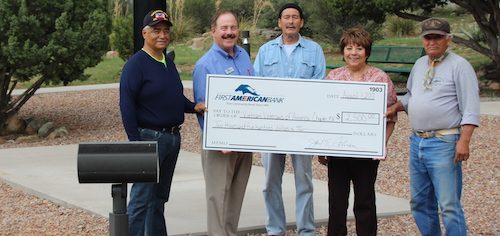 Chapter 358 accepts check from First American Bank. From left, VVA member Armando Amador, First American Bank Market President Joel Schram, VVA member David Pratesi, First American Bank VP Cecilia Pacheco, and VVA member Paul Madrid. Photo courtesy Mary Alice Murphy, The Grant County Beat.